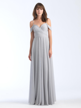 ブライズメイドドレス スウィートハートネックライン コールドショルダー ルーシュシフォン Aライン マキシドレス