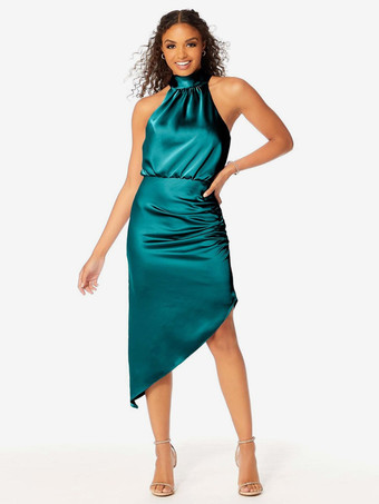 ティールショート丈のブライズメイドドレス ホルターネック ルーシュ アシンメトリー ウェディング パーティードレス