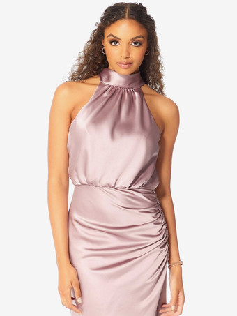 ショート丈のブライズメイドドレス ホルターネック ルーシュ アシンメトリー ウェディング パーティードレス