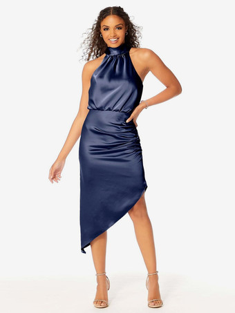 ブルーショート丈のブライズメイドドレス ホルターネック ルーシュ アシンメトリー ウェディング パーティードレス