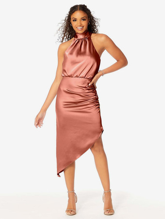 ブリックレッドショート丈のブライズメイドドレス ホルターネック ルーシュ アシンメトリー ウェディング パーティードレス