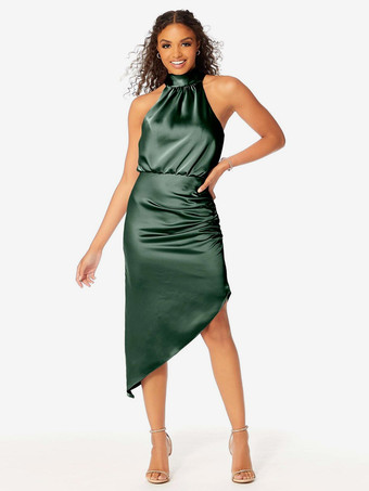 ダークグリーンショート丈のブライズメイドドレス ホルターネック ルーシュ アシンメトリー ウェディング パーティードレス