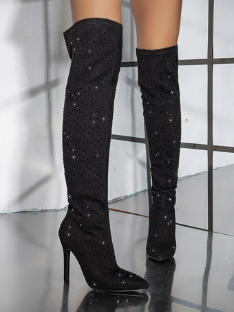 オーバーニーブーツ ブラック レディース サイハイブーツ スエードレザー ラインストーン スティレットヒール