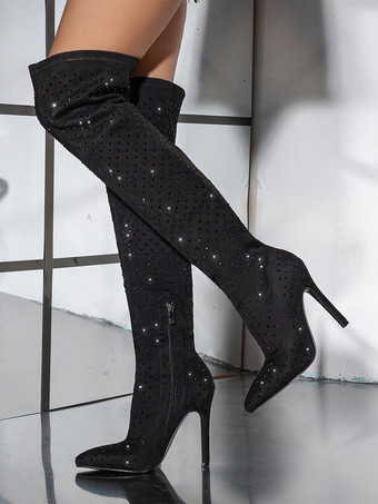 ブラック オーバーニーブーツ ブラック レディース サイハイブーツ スエードレザー ラインストーン スティレットヒール