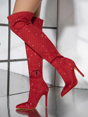 レッド オーバーニーブーツ ブラック レディース サイハイブーツ スエードレザー ラインストーン スティレットヒール