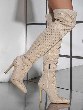 オーバーニーブーツ ブラック レディース サイハイブーツ スエードレザー ラインストーン スティレットヒール