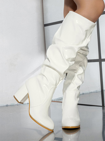 ブラック スラウチブーツ レディース チャンキーヒール ニーハイブーツ