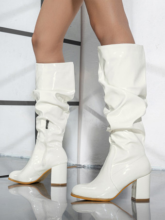 アイボリー ブラック スラウチブーツ レディース チャンキーヒール ニーハイブーツ