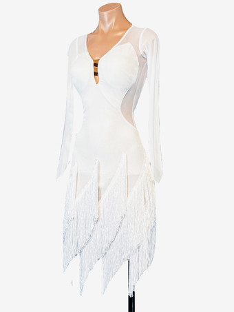 ラテンダンスコスチューム ホワイト レディース ライクラ スパンデックス ドレス セクシー ラテン ダンサー ダンスウェア