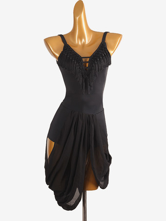 ブラック ラテンダンスコスチューム ブラック レディース ライクラ スパンデックス ドレス エレガントなラテンダンサー ダンスコスチューム