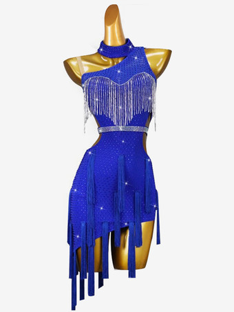 ラテンダンスドレス ロイヤルブルー レディース ライクラ スパンデックス ドレス バックレス セクシー ラインストーン ラテンダンサー ダンスウェア