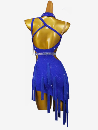ラテンダンスドレス ロイヤルブルー レディース ライクラ スパンデックス ドレス バックレス セクシー ラインストーン ラテンダンサー ダンスウェア