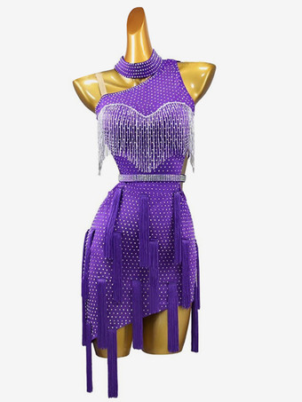 パープル ラテンダンスドレス ロイヤルブルー レディース ライクラ スパンデックス ドレス バックレス セクシー ラインストーン ラテンダンサー ダンスウェア