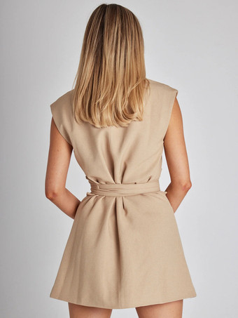 ブレザードレス ノースリーブ デザインネックライン ベルト付きポケット ミニドレス
