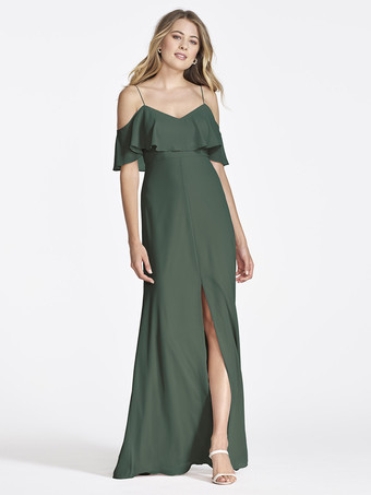 ダークグリーンピンクのシフォン ブライズメイド ドレス コールドショルダー フリル スプリット A ライン マキシ ガウン