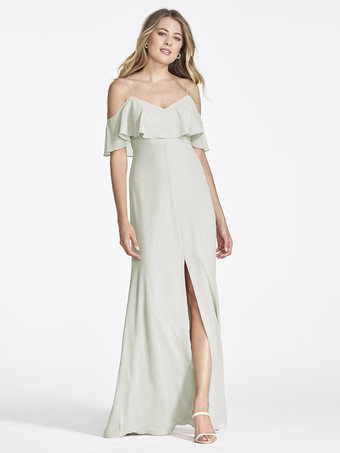 パステルグリーンピンクのシフォン ブライズメイド ドレス コールドショルダー フリル スプリット A ライン マキシ ガウン