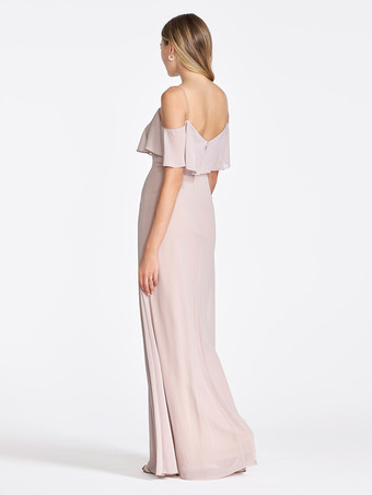 ピンクのシフォン ブライズメイド ドレス コールドショルダー フリル スプリット A ライン マキシ ガウン