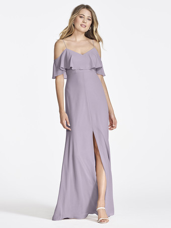 ラベンダーピンクのシフォン ブライズメイド ドレス コールドショルダー フリル スプリット A ライン マキシ ガウン