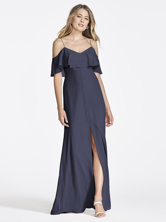 ダークネイビーピンクのシフォン ブライズメイド ドレス コールドショルダー フリル スプリット A ライン マキシ ガウン