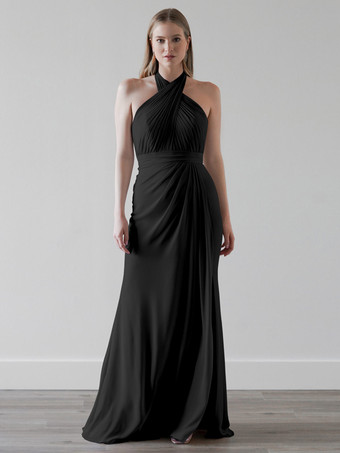 ブラックブライズメイドドレス シフォン マーメイド フロアレングス ウェディング パーティードレス