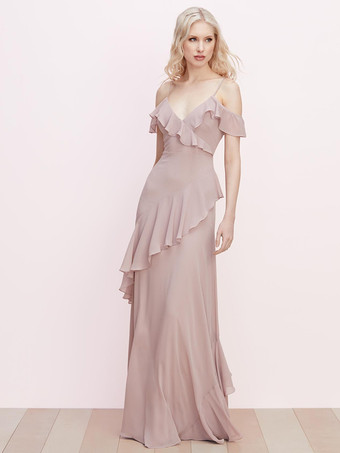 ソフトピンクブライズメイドドレス フリル スパゲッティ ストラップ バックレス Aライン シフォン プロム マキシドレス