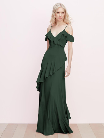 ダークグリーンブライズメイドドレス フリル スパゲッティ ストラップ バックレス Aライン シフォン プロム マキシドレス