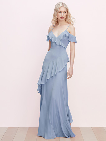 ブルーブライズメイドドレス フリル スパゲッティ ストラップ バックレス Aライン シフォン プロム マキシドレス