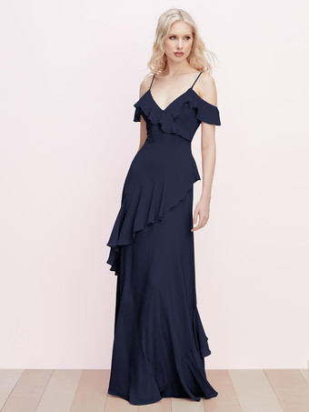 ダークネイビーブライズメイドドレス フリル スパゲッティ ストラップ バックレス Aライン シフォン プロム マキシドレス