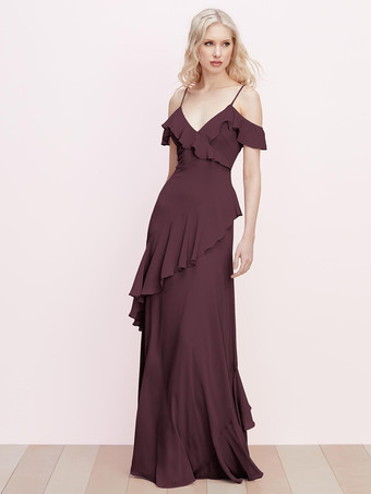 マルーンブライズメイドドレス フリル スパゲッティ ストラップ バックレス Aライン シフォン プロム マキシドレス