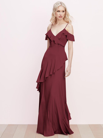 バーガンディーブライズメイドドレス フリル スパゲッティ ストラップ バックレス Aライン シフォン プロム マキシドレス
