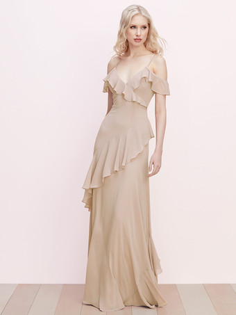 シャンパンブライズメイドドレス フリル スパゲッティ ストラップ バックレス Aライン シフォン プロム マキシドレス