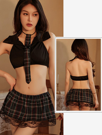 スクールガールコスチューム チェック柄トップス スカート クラバット Tバック 4点セット