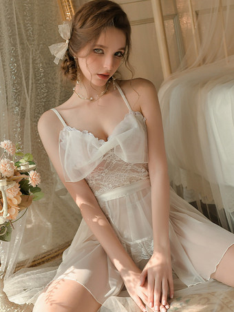 ホワイト ベビードール レース スパゲッティ ストラップ イリュージョン セクシー ランジェリー