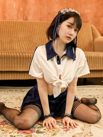 ブルー セーラーコスチューム トップス スカート 帽子 アームウェア ニーハイソックス 5点セット