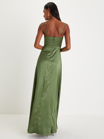 ブライズメイドドレス スパゲッティストラップ オープンバック ハイスリット Aライン プロム マキシドレス