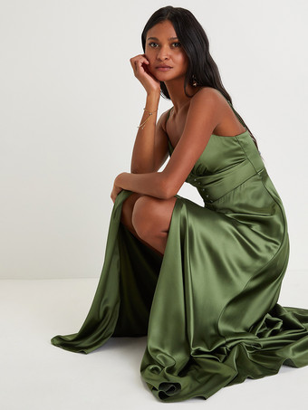 ブライズメイドドレス スパゲッティストラップ オープンバック ハイスリット Aライン プロム マキシドレス