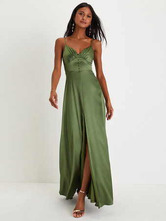 ブライズメイドドレス スパゲッティストラップ オープンバック ハイスリット Aライン プロム マキシドレス