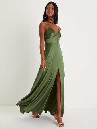 ダークグリーンブライズメイドドレス スパゲッティストラップ オープンバック ハイスリット Aライン プロム マキシドレス