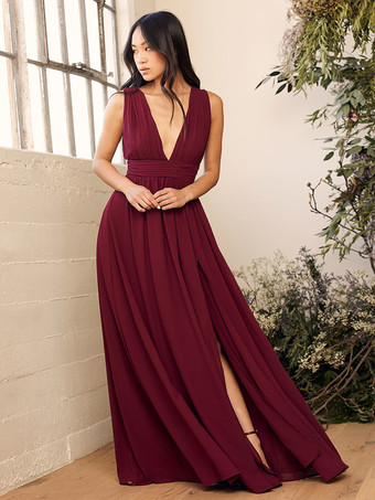 バーガンディーブライズメイドドレス Vバック エンパイアウエスト ハイスリット Aライン シフォン ウェディング パーティードレス