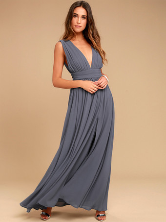 グレーブルーブライズメイドドレス Vバック エンパイアウエスト ハイスリット Aライン シフォン ウェディング パーティードレス