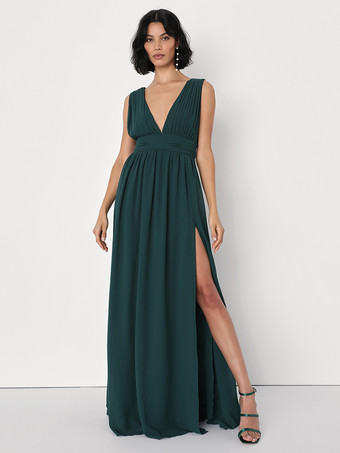 ダークグリーンブライズメイドドレス Vバック エンパイアウエスト ハイスリット Aライン シフォン ウェディング パーティードレス