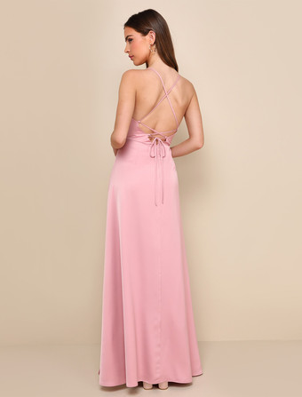 ピンクのブライズメイドドレス Aライン オープンバック ハイスリット ウェディング パーティードレス