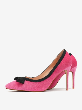 ハイヒールパンプス スエード ポインテッドトゥ ボウ スリッポンパンプス