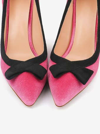 ハイヒールパンプス スエード ポインテッドトゥ ボウ スリッポンパンプス