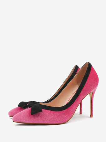 マゼンタ ハイヒールパンプス スエード ポインテッドトゥ ボウ スリッポンパンプス