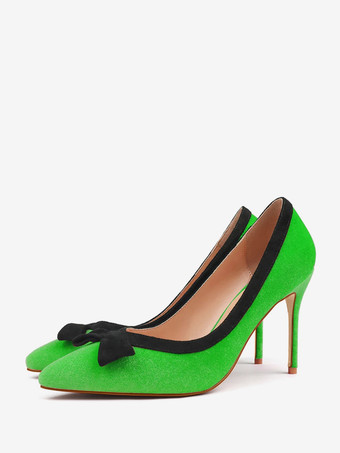 グラスグリーンハイヒールパンプス スエード ポインテッドトゥ ボウ スリッポンパンプス
