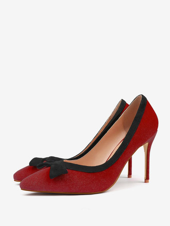 ワインレッド ハイヒールパンプス スエード ポインテッドトゥ ボウ スリッポンパンプス