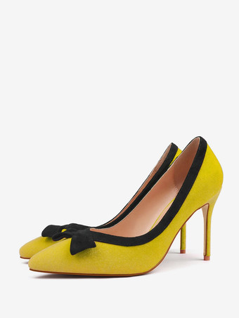 イエローハイヒールパンプス スエード ポインテッドトゥ ボウ スリッポンパンプス