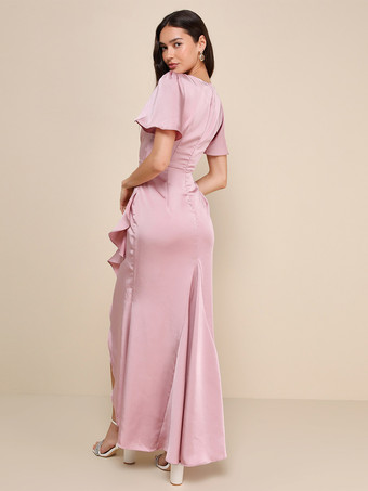 ピンクのブライズメイドドレス Vネック フリル アシンメトリー Aライン プロム マキシドレス