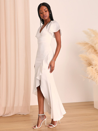 ピンクのブライズメイドドレス Vネック フリル アシンメトリー Aライン プロム マキシドレス